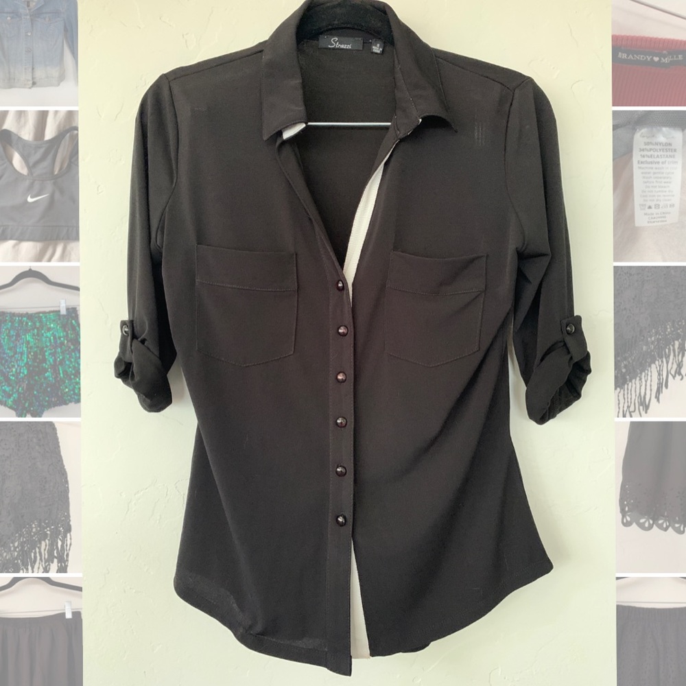 Black button down blouse with white accents